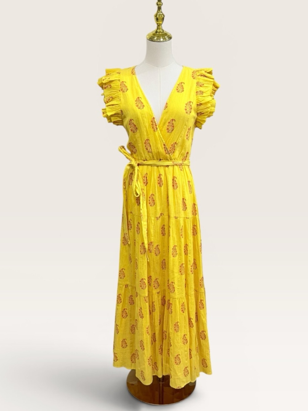 A loves A Daisy Yellow Floral Metallic V-Neck Ruffle Sleeve Tiered Maxi Dress